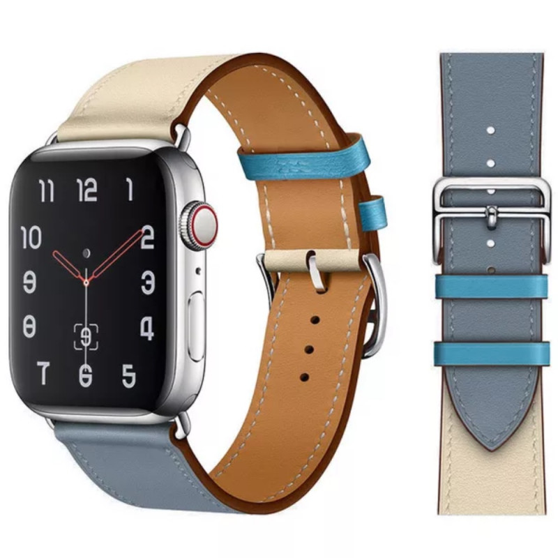 Кожаный ремешок STR Hermes Single Tour для Apple Watch 49/45/44/42 mm Bleu Lin/Craie